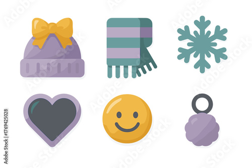 Cute winter accessories and emotional symbols including knit cap, striped scarf, snowflake, heart, and happy face