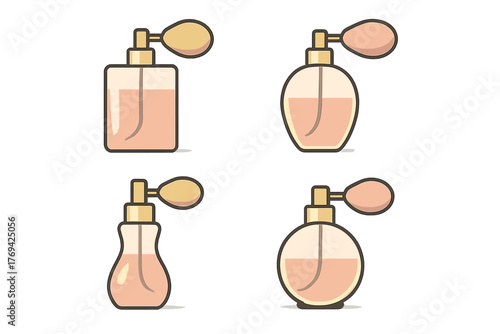 Collection of four vintage perfume bottles with atomizer bulbs in various shapes