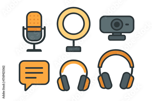 Modern equipment for live streaming, podcasting, and online content creation: microphone, ring light, webcam, and headphones