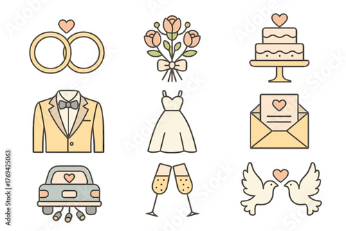 Marriage ceremony and celebration elements featuring rings, cake, wedding dress, tuxedo, and doves