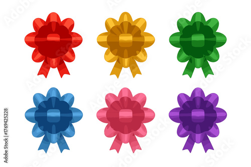 Six colorful shiny decorative gift bows in various colors for celebration and holidays