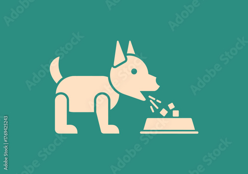 Stylized illustration of a light-colored dog vomiting into its food bowl on a teal background, depicting pet illness.