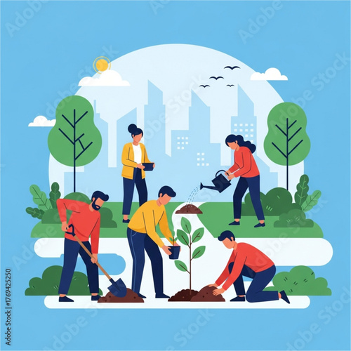 A diverse group of people working together to plant trees and nurture a greener urban environment.