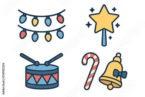 Colorful Christmas and New Year celebration symbols including string lights, star, drum, candy cane, and bell