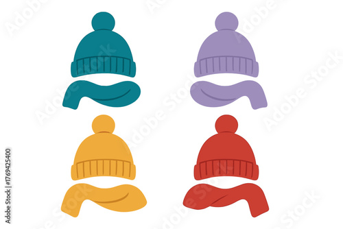 Colorful knitted winter hats and scarves collection with pom-poms isolated on white