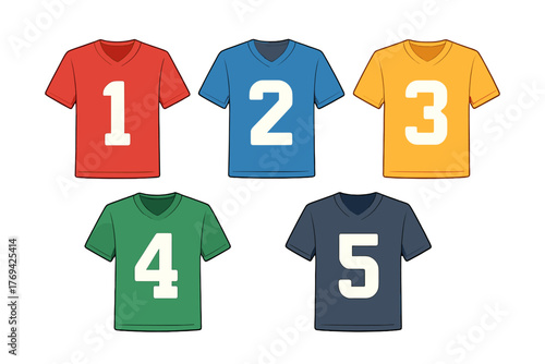Set of five brightly colored athletic shirts featuring large white numerals one to five