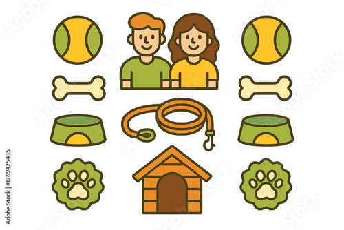 Set of pet care items and accessories including dog house, leash, food bowl, bone, ball, and happy couple
