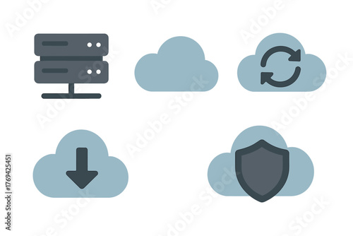 Essential symbols for cloud storage, data security, server infrastructure, and synchronization