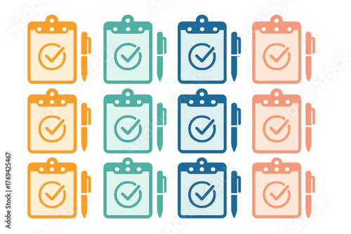 Seamless repeating pattern of colorful clipboard icons with check marks and pens