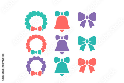Colorful Christmas and holiday symbols including decorative wreaths, festive bells, and ribbon bows