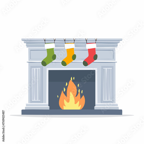 Festive Christmas Fireplace with Hanging Stockings and Warm Fire Vector