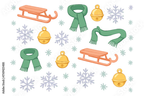 Seamless winter holiday pattern with wooden sleds, green scarves, golden jingle bells, and falling snowflakes
