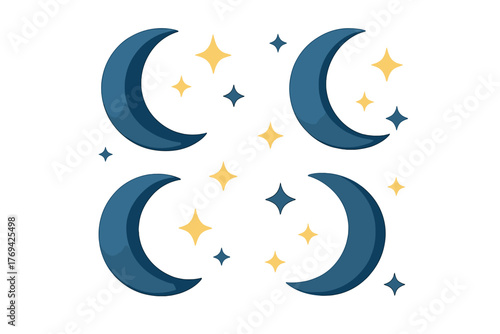 Dark blue crescent moons and sparkling yellow stars seamless pattern on white background