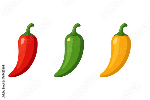 Three colorful hot chili peppers in red green and yellow isolated on white background