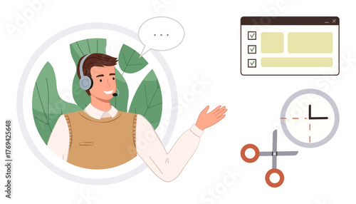 Customer service representative with headset, chat bubble, checklist, clock, and scissors. Ideal for communication, teamwork, time management, productivity customer care support services