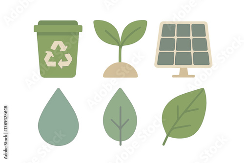 Essential ecology and environmental sustainability icons set featuring recycling, solar, plant, and water symbols