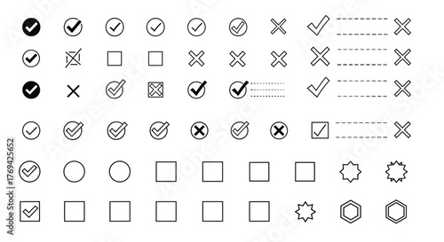 Diverse collection of checkmark, cross, and various input field icons for user interfaces and digital forms.