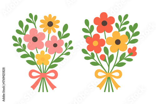 Pair of stylized bouquets featuring colorful spring flowers tied with decorative ribbons