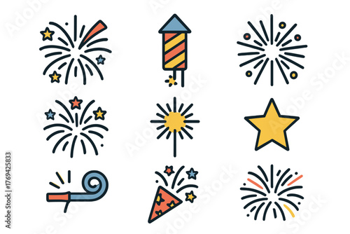 Colorful celebration set featuring fireworks bursts, rocket, sparkler, and party popper