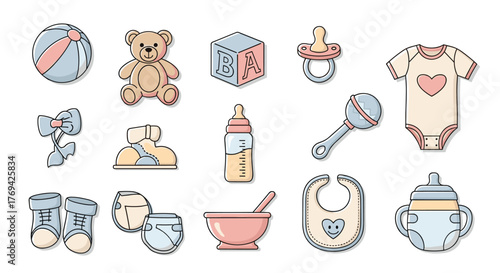 A collection of cute and colorful baby essentials including toys, clothing, and feeding accessories, perfect for newborns and infants.