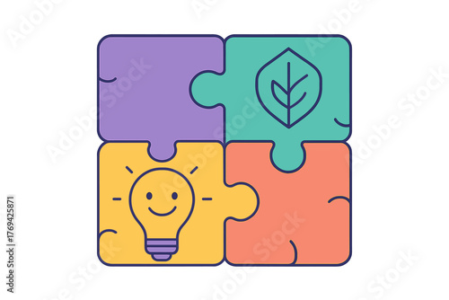 Four colorful puzzle pieces connected symbolizing synergy between innovation and nature