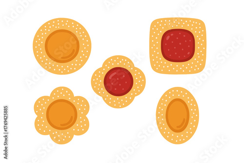 Assortment of sweet shortbread cookies with jam and fruit filling in various shapes