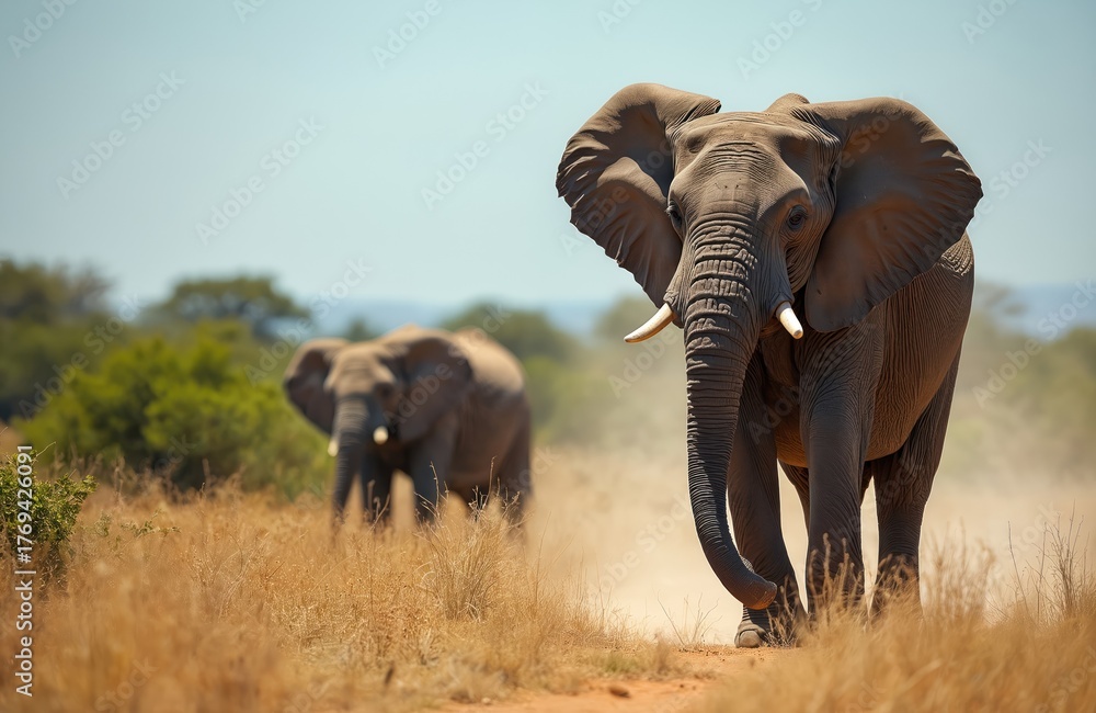 Fototapeta premium Two elephants walk on dirt road through dry savanna grass under blue sky. One elephant walks toward camera kicking up dust. Another elephant walks in background.