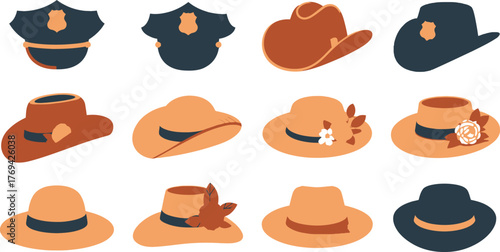 Assorted Hats Police, Cowboy, and WideBrimmed Fashion Hats in Blue and Brown Tones, Illustration