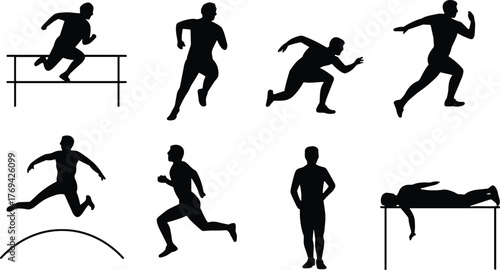 Athlete silhouette, track and field, running pose, jumping action, black graphic, vector illustration, sports icon, dynamic movement, competition, motionAthlete silhouette,