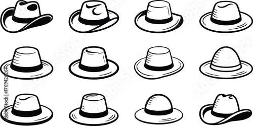 Black and White Cartoon of Twelve Different Hats Isolated on White Background