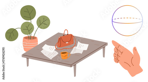 Table with handbag, papers, and coffee near a potted plant. Hand pointing to a spherical diagram. Ideal for productivity, organization, creativity, research, learning planning simple flat metaphor
