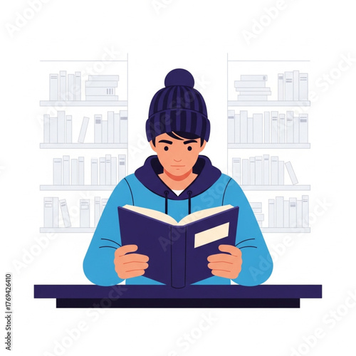 A person wearing a blue hoodie and beanie is reading a book in a library.