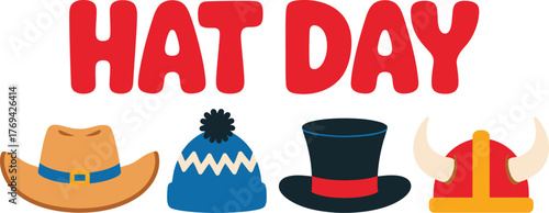 Bright Illustration of Hat Day with Cowboy, Beanie, Top Hat and Viking Helmet