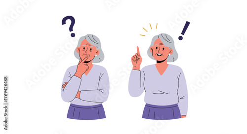 A thoughtful senior woman transitions from pondering a question to experiencing a sudden moment of inspiration and a brilliant new idea.