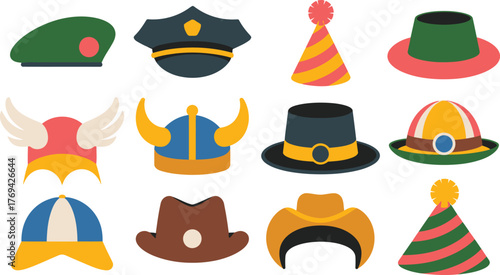 Cartoon Hats Collection Beret, Party Cones, Viking Helmet, Cowboy Hat and More Colorful Illustrations