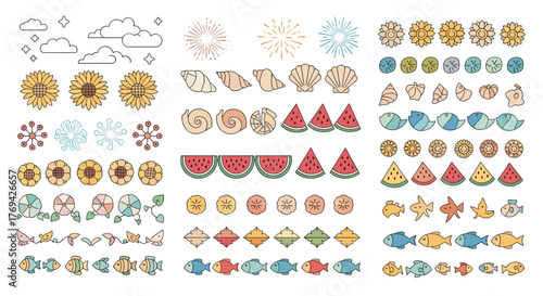 A diverse collection of charming flat-design vector illustrations featuring summer, nature, and food elements like sunflowers, watermelons, and marine life.