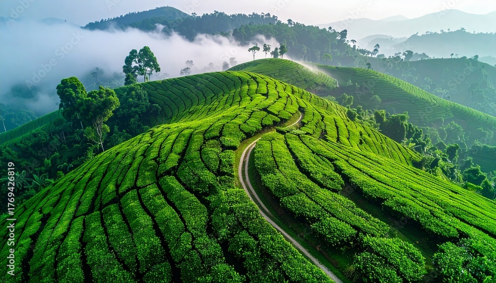 Fototapeta premium Lush Green Tea Plantation Rolling Hills Scenic Countryside Landscape