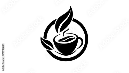 A black and white logo of a steaming cup of tea with leaves