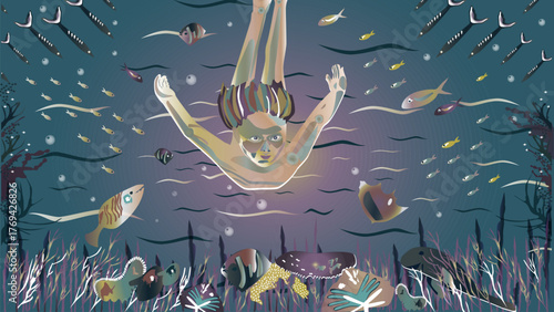 The Great Barrier Reef. A diver dives into the deep water.