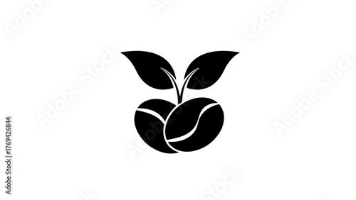 Black and white illustration of a coffee bean with two leaves
