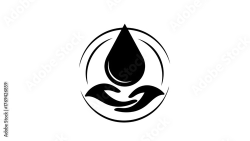 Black and white logo of a water drop held by cupped hands