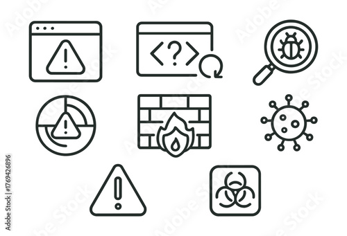 Set of icons for various computer issues, including a fire, a virus, and a bug