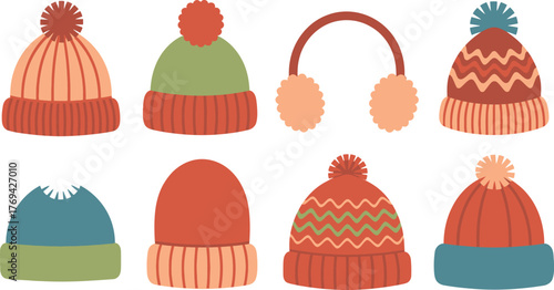 Cartoon Illustration of Winter Hats, Beanies and Ear Muffs on White Background