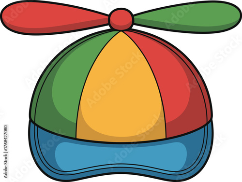 Cartoon Propeller Beanie with Colorful Panels and Blue Brim Isolated on White