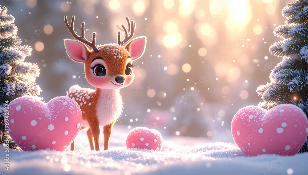 Obraz premium Enchanting winter scene featuring an adorable baby deer in a sparkling, sunlit snowy forest with festive pink hearts, a whimsical illustration of love