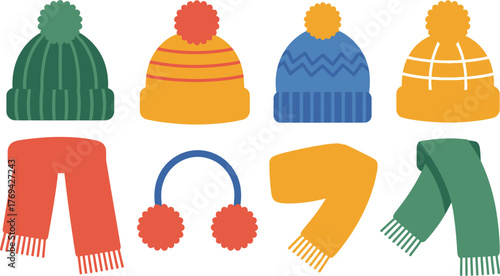 Cartoon Winter Accessories Colorful Hats with Poms, Scarves, and Earmuffs on White Background