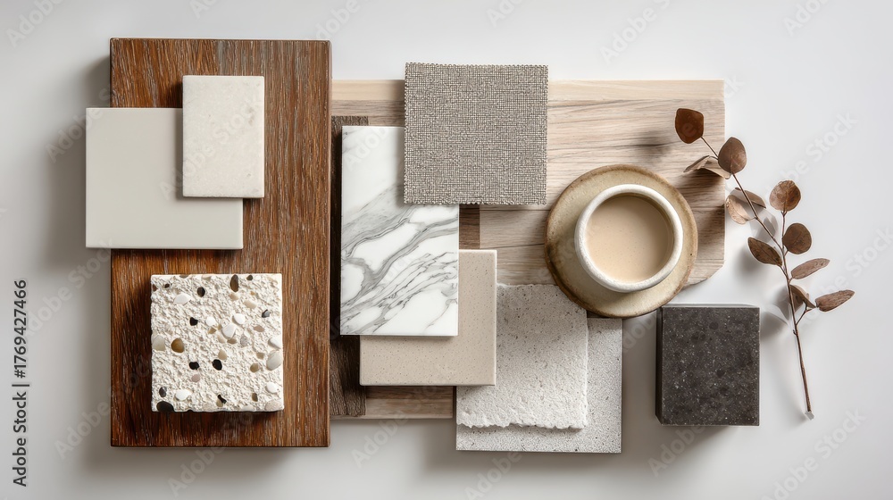 Fototapeta premium Interior design mood board with natural textures and neutral colors