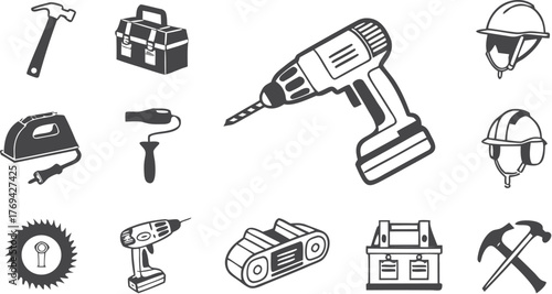 A Collection of Tools Toolbox, Drill, Helmet, and More in a Black and White Vector Illustration