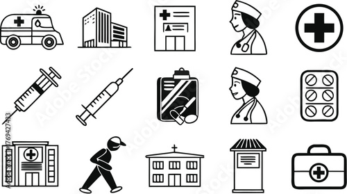 Medical and Healthcare Icons Set Ambulance, Hospital, Syringe, Pills, Doctor, Nurse, and First Aid Kit
