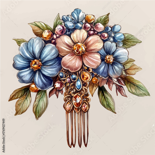watercolor vector of Jeweled Hairpin, isolated on a white background.